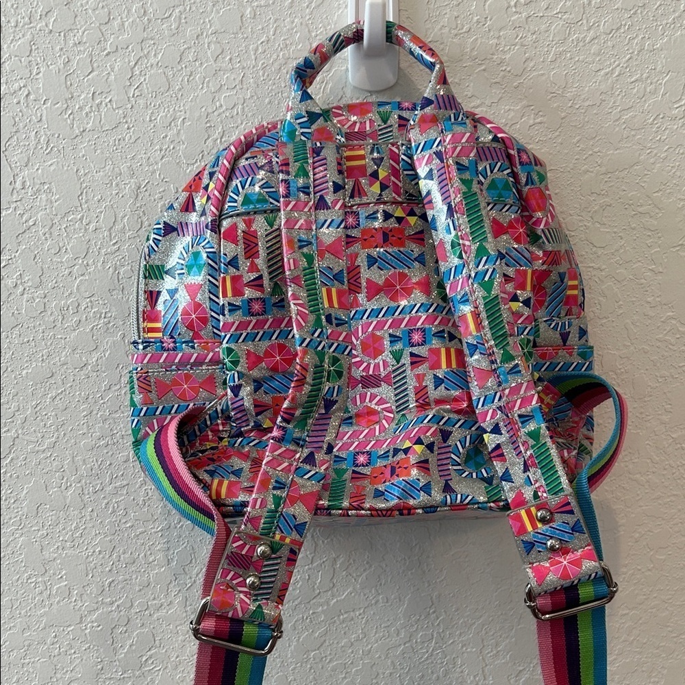 Bari Lynn Geometric Candy Print Shimmer Small Backpack Rainbow Straps - Picture 3 of 7